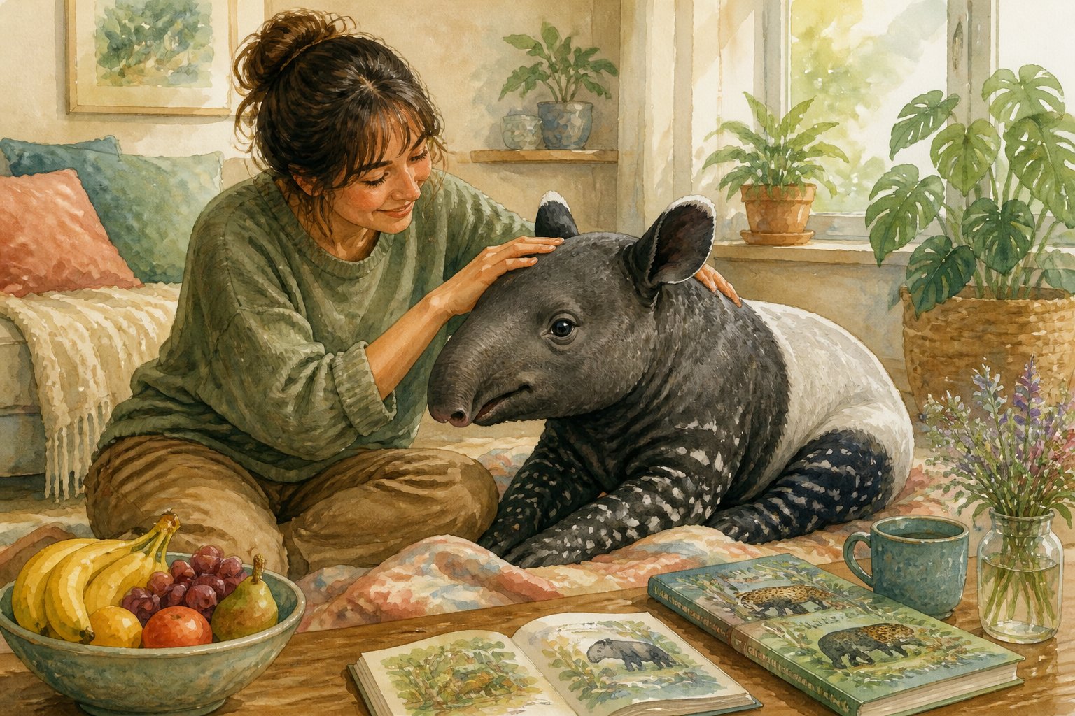 Une personne assise dans un salon lumineux caressant un tapir calme à côté d’elle, entourée de plantes et d’objets évoquant la douceur et le soin.